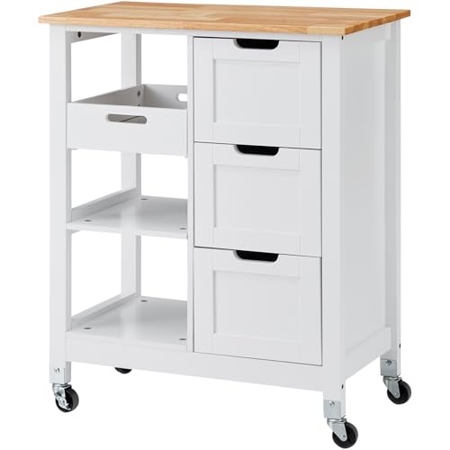White 26 inch Wood Top Mobile Kitchen Island Cart with 3 Drawers and Shelves N780