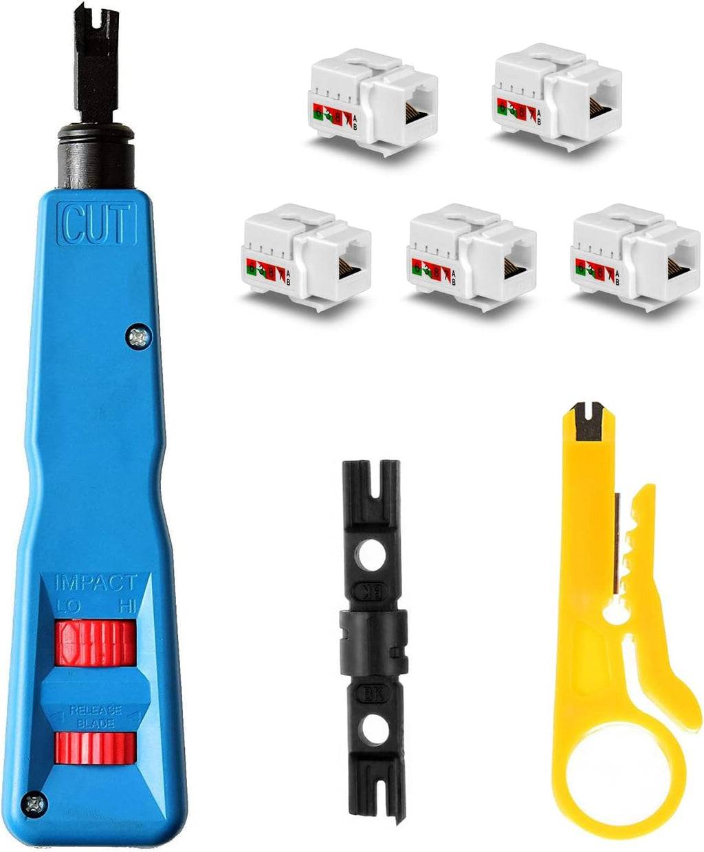 Punch Down Tool Kit with 110 & BK Blade, 5PCS Cat6 RJ45 Keystone Jack, Network Wire Stripper Tool Kits F4985