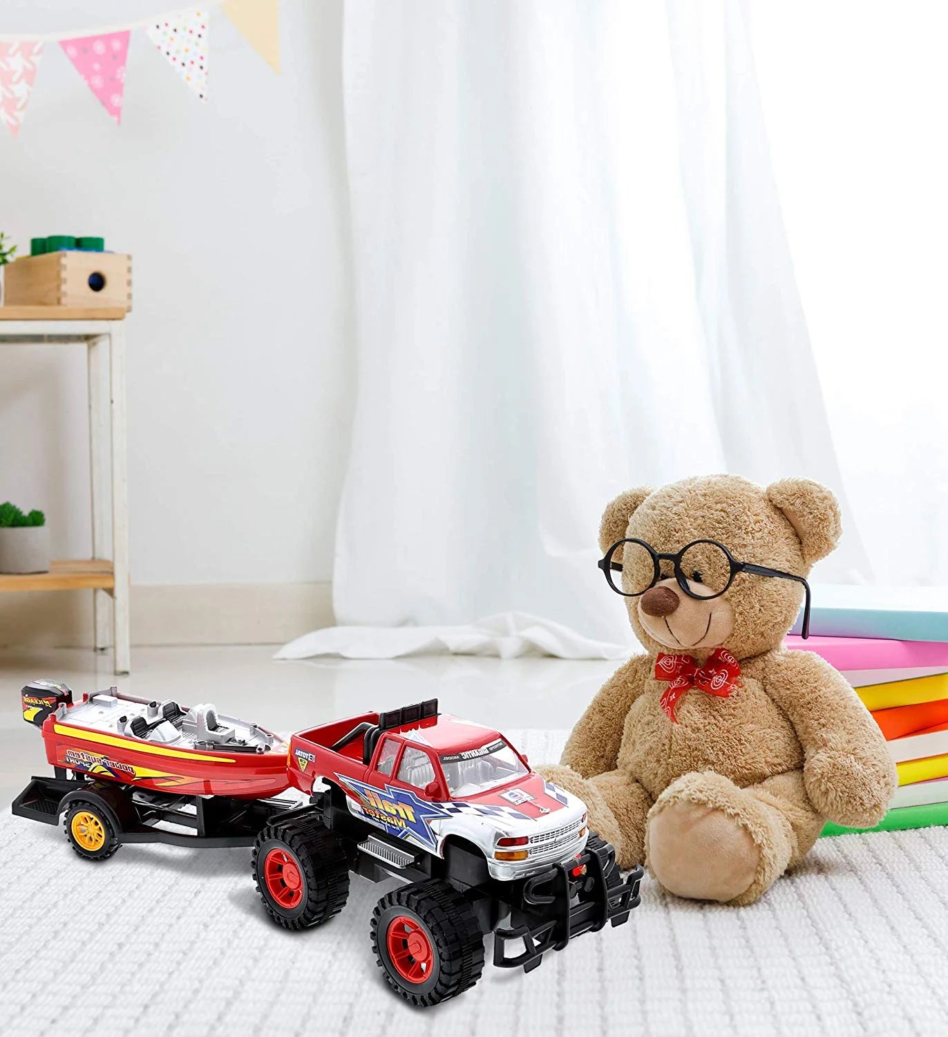 Red Black 9 Inch Truck with Detachable Trailer and 10 Inch Boat Friction Push Powered Playset W929