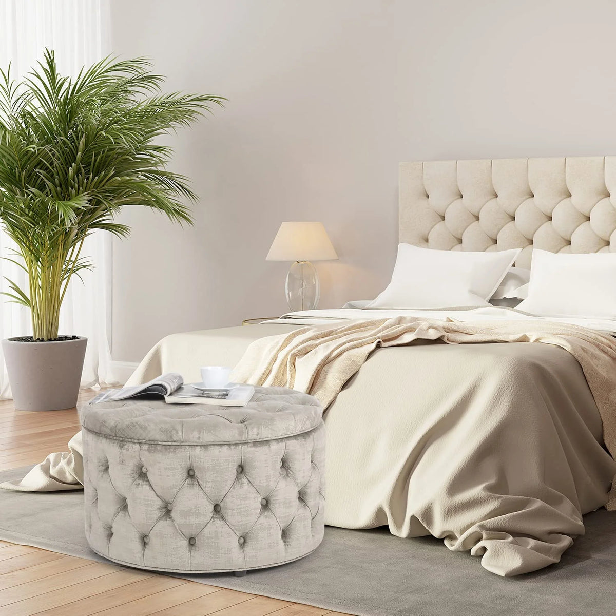 Beige Button Tufted Storage Ottoman X182