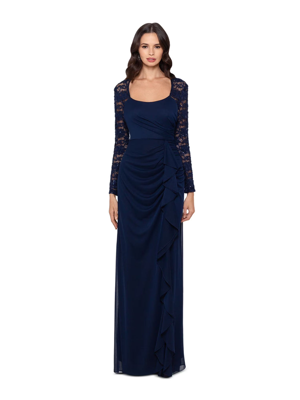 Navy Lace Sequined Long Sleeve Scoop Neck Full-Length Body Con Dress H2397