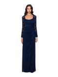 Navy Lace Sequined Long Sleeve Scoop Neck Full-Length Body Con Dress H2397