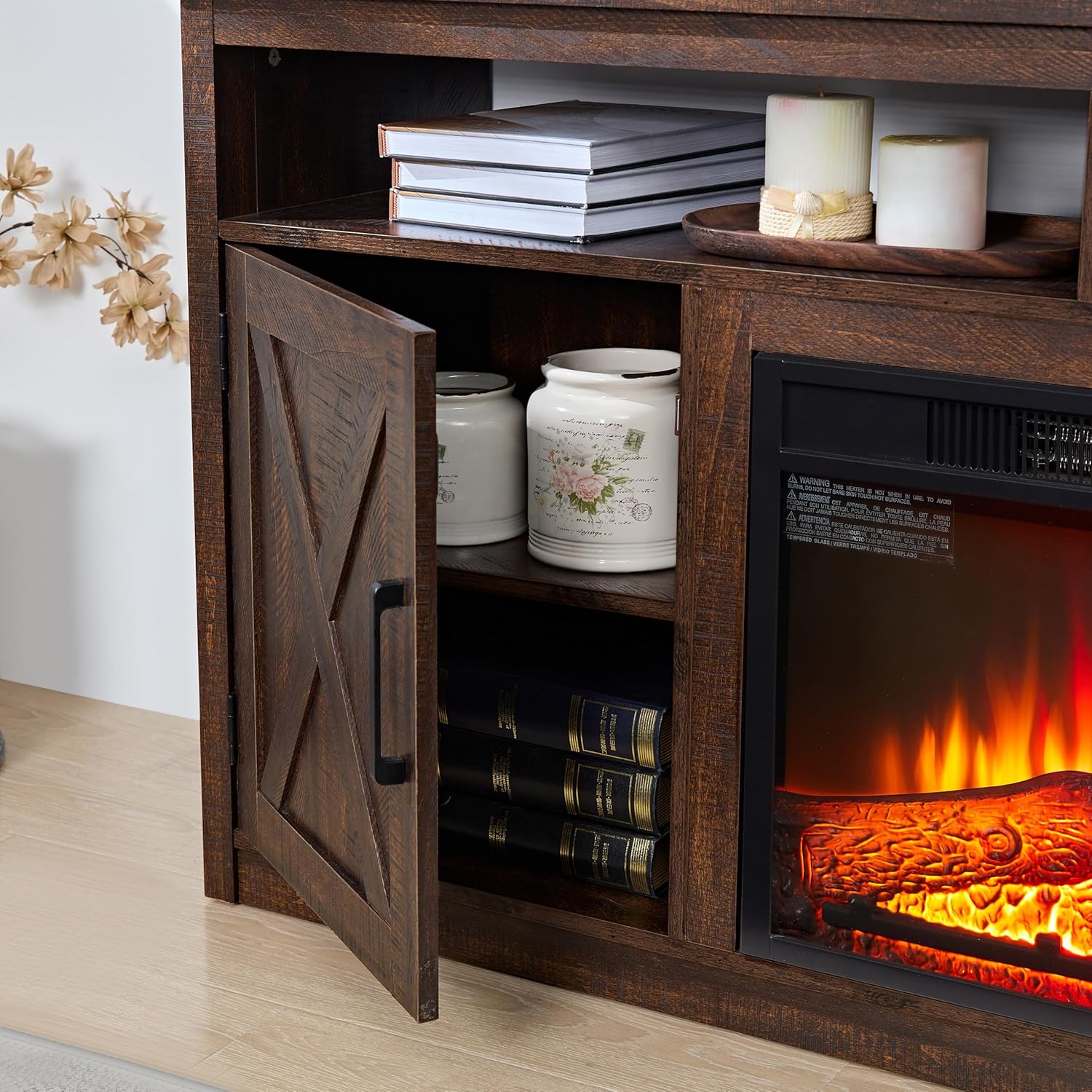 Farmhouse TV Media Stand with Fireplace Insert, Espresso Y3169
