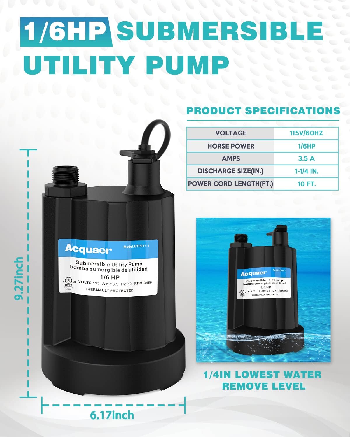Submersible Water Pump 1/6 HP Thermoplastic Utility Pump 1750GPH with 10 ft Cord Pack of 2 T9937