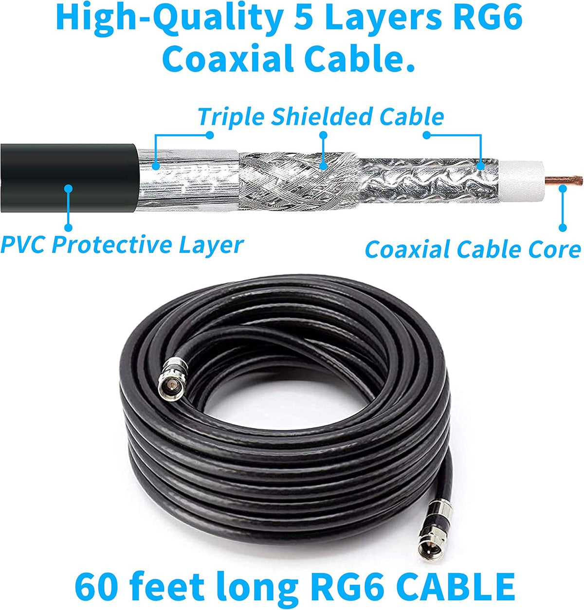 150 Miles Outdoor TV Antenna with 60FT RG6 Cable K9164