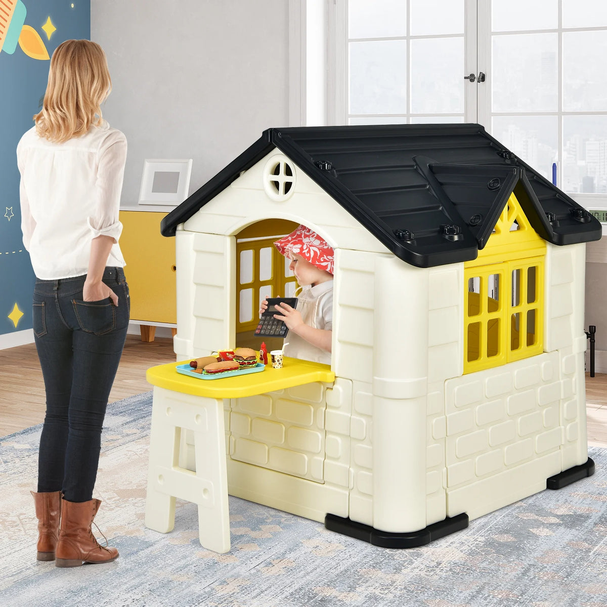 Yellow Playhouse Games Cottage with 7 PCS Toy Set and Waterproof Cover L449