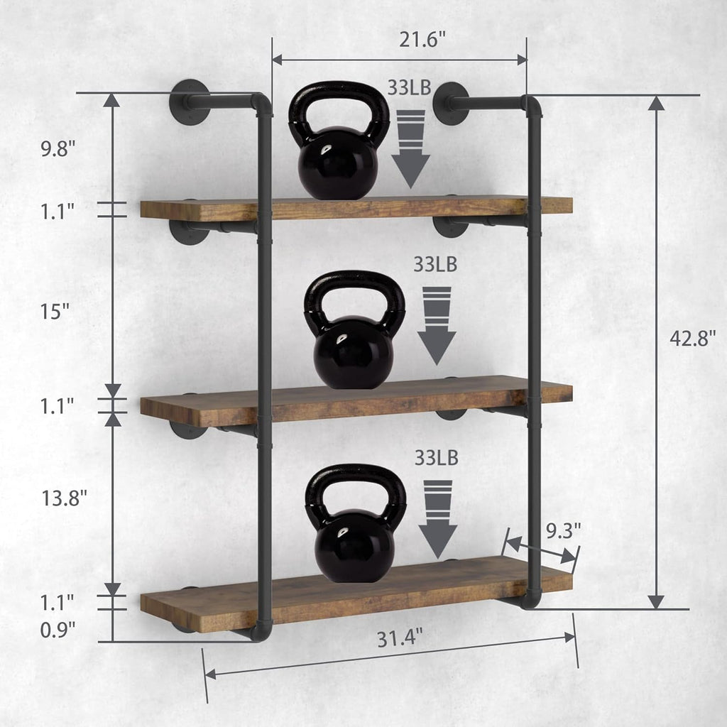 Industrial Wall Mount Iron Pipe Shelf Black 3 Tier X2 Z13265