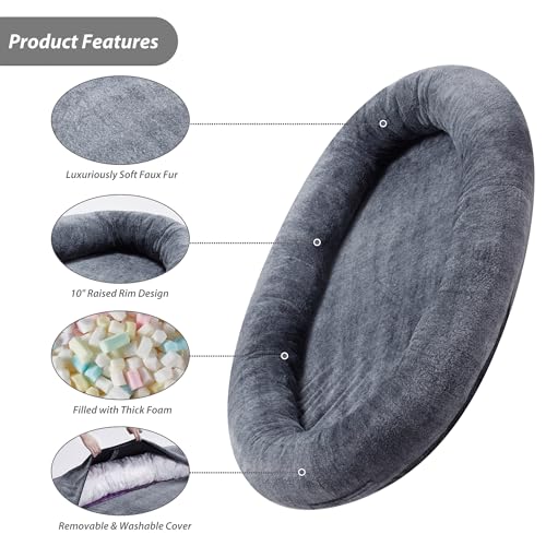 Large Human Dog Bed 72"x48"x10" Black with Washable Fur Cover W33939