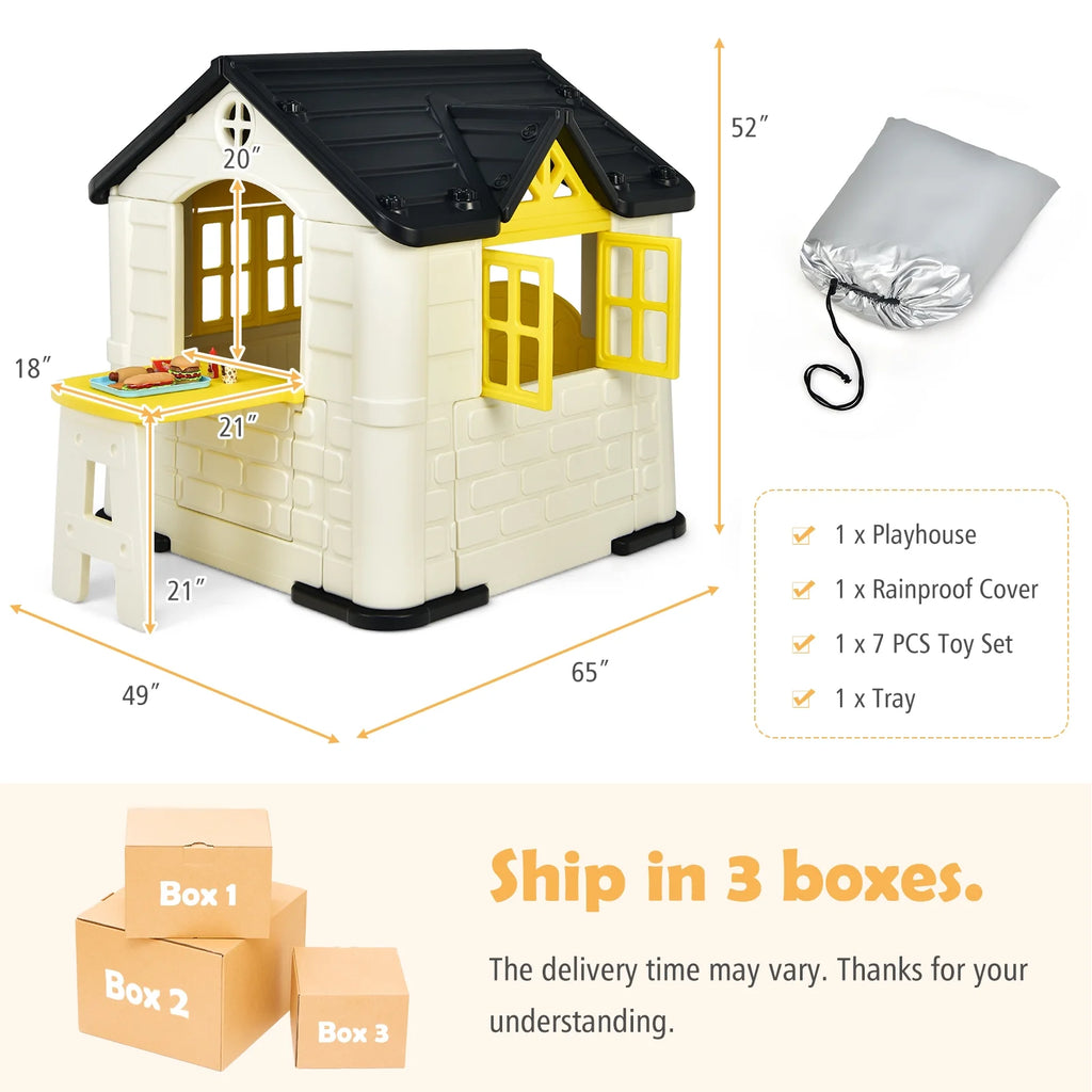Yellow Playhouse Games Cottage with 7 PCS Toy Set and Waterproof Cover L449