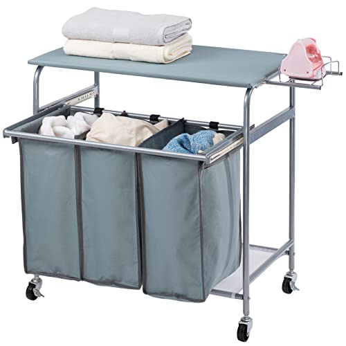 Blue Grey Rolling Laundry Sorter with Ironing Board and 3-Bag L3043