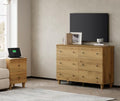 Oak Brown 6 Drawer TV Stand with 1 End Table 2 Drawers Charging Station 2 Pieces Wood Furniture Set J872219