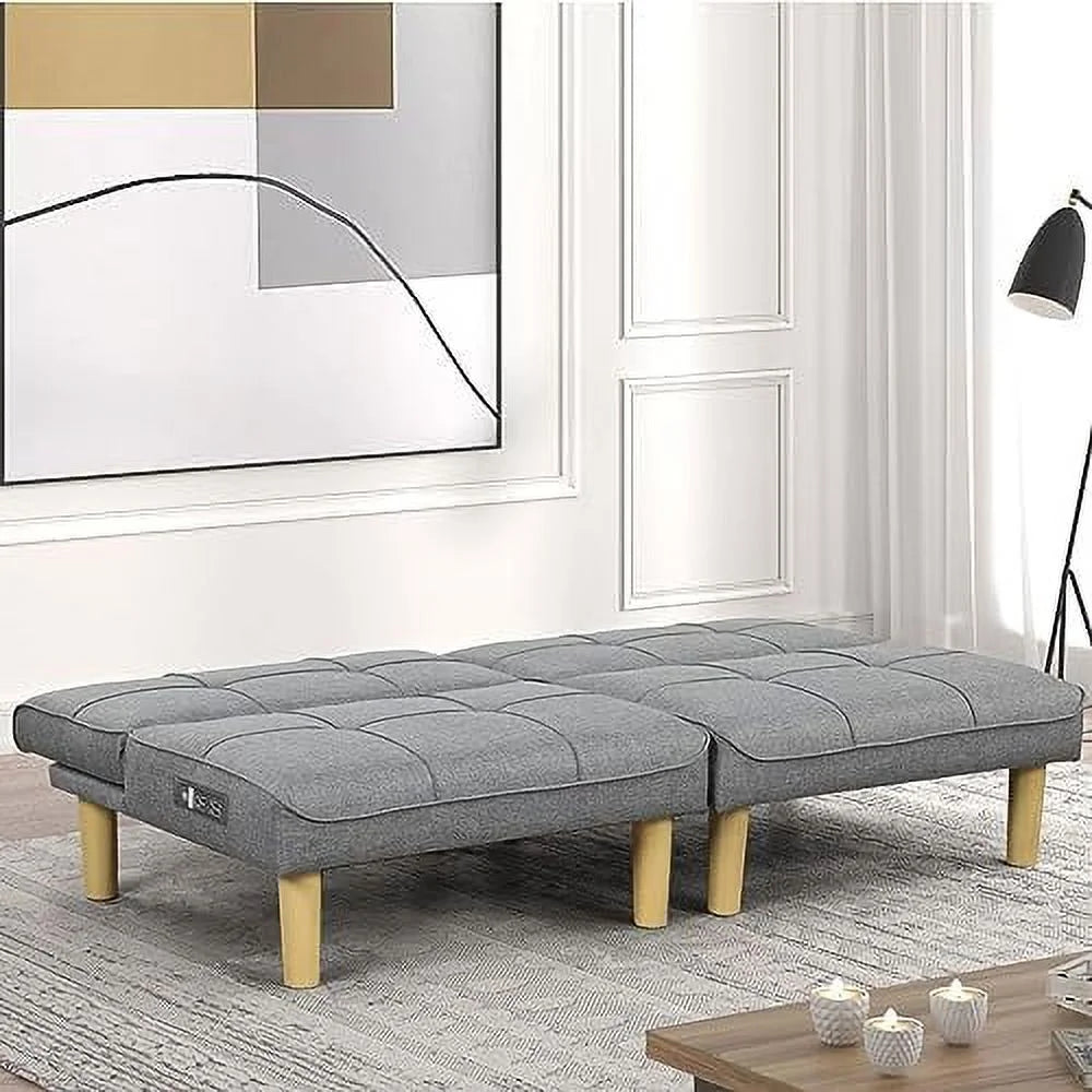 Comfy Convertible 2 Seater Futon Sofa Couch with USB Port Armless Adjustable Backrest I5828