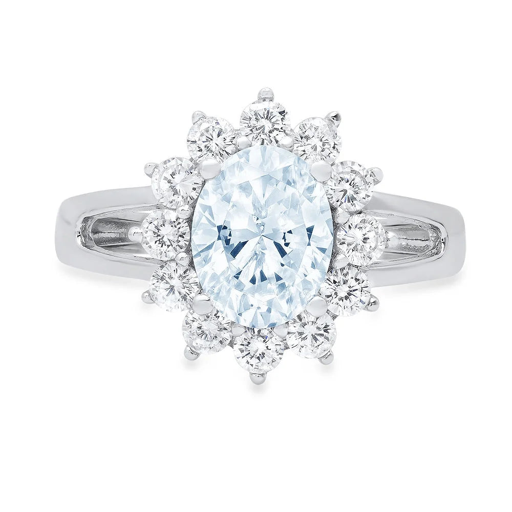 Oval Cut Natural Swiss Blue Topaz 18k White Gold Halo Ring V727