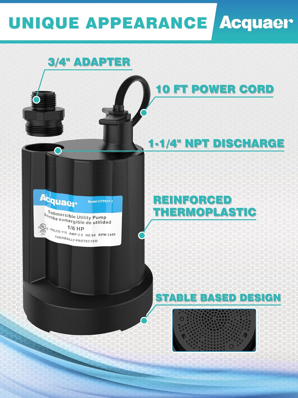 Submersible Water Pump 1/6 HP Thermoplastic Utility Pump 1750GPH with 10 ft Cord Pack of 2 T9937