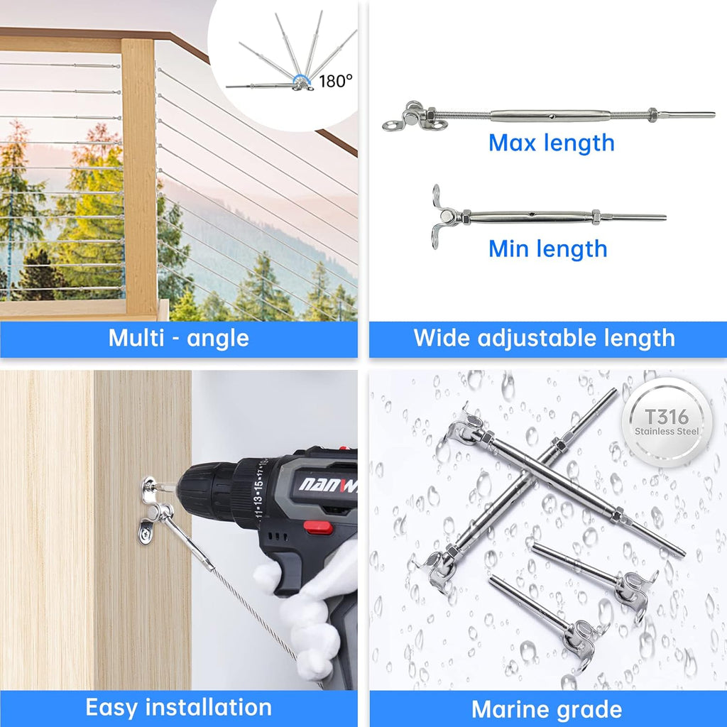 10Set 1/8 Swage Toggle Turnbuckle Hardware T316 Stainless Steel Cable Railing Kit O204