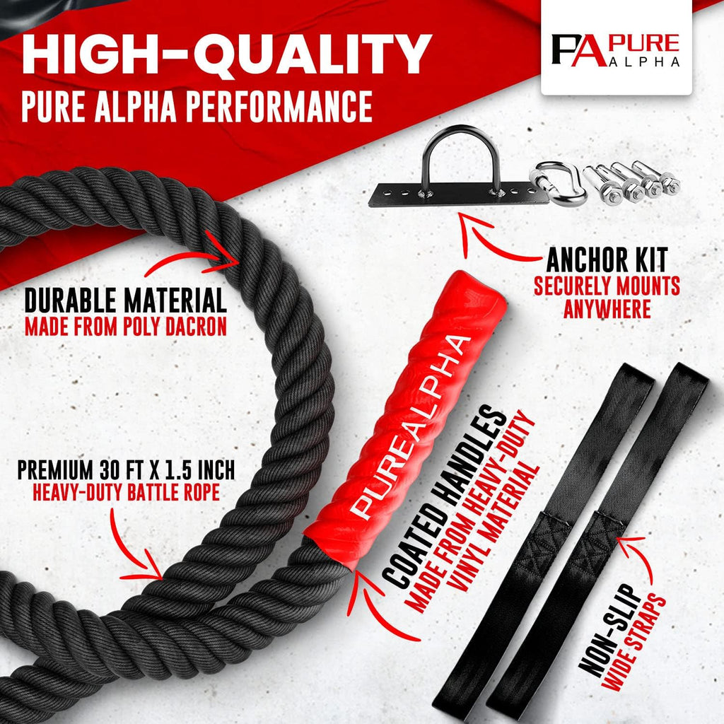 Battle Rope with Anchor Strap Kit & Protective Sleeve – 30 Ft Length 1.5 Inch Diameter X39295