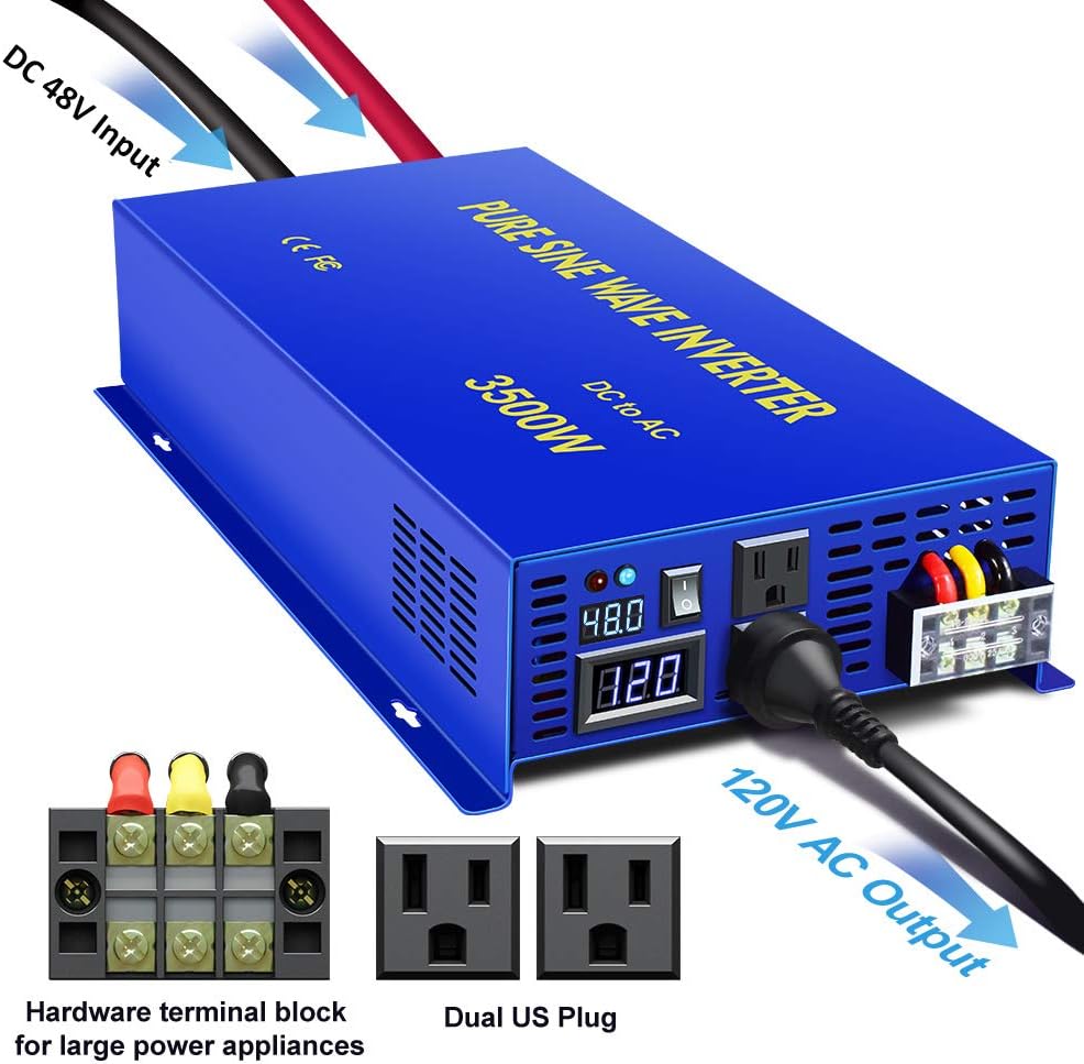 Pure Sine Wave Inverter 3500W 48V to 110V 120V AC with LED Display 2 AC Outlets Y6662