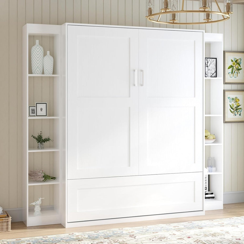 White Murphy Bed with Wardrobe, 2 Side Cabinet F6306