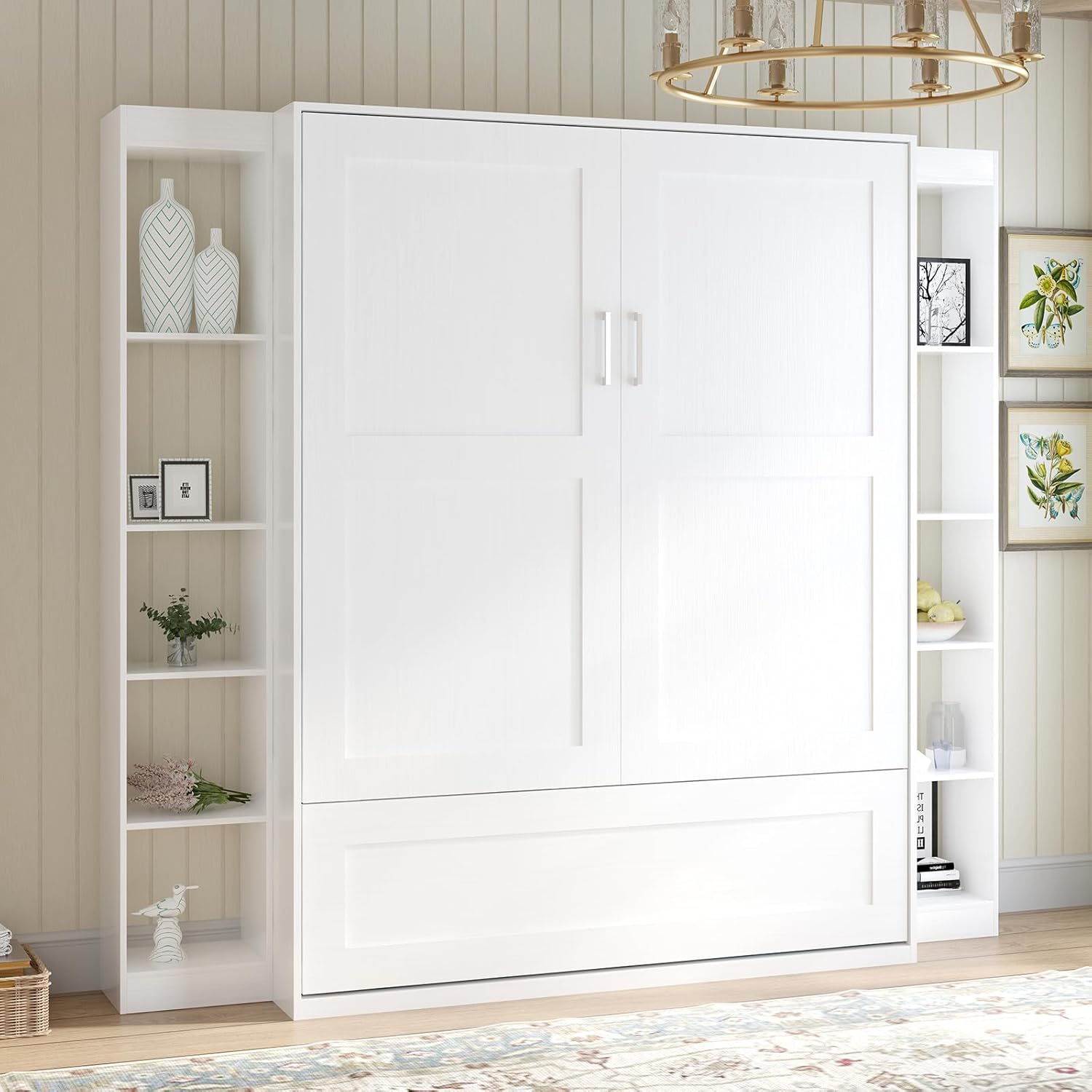 White Murphy Bed with Wardrobe, 2 Side Cabinet F6306