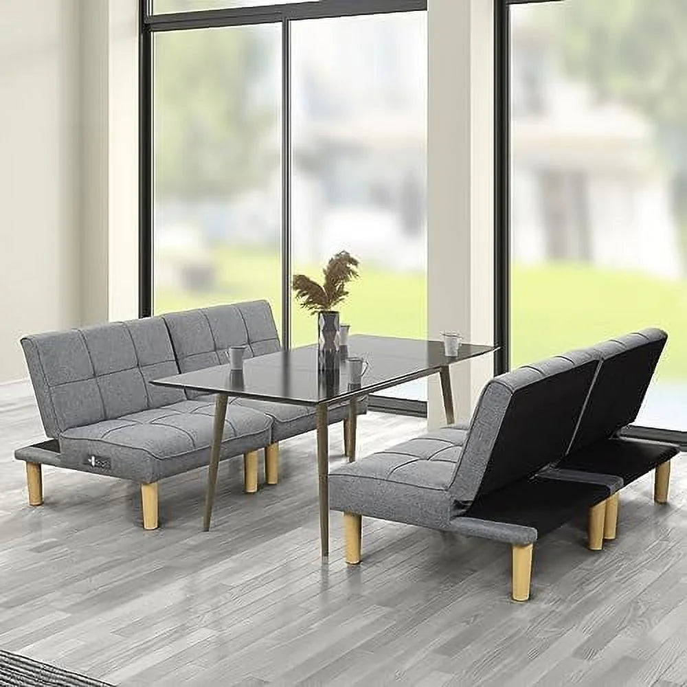 Comfy Convertible 2 Seater Futon Sofa Couch with USB Port Armless Adjustable Backrest I5828