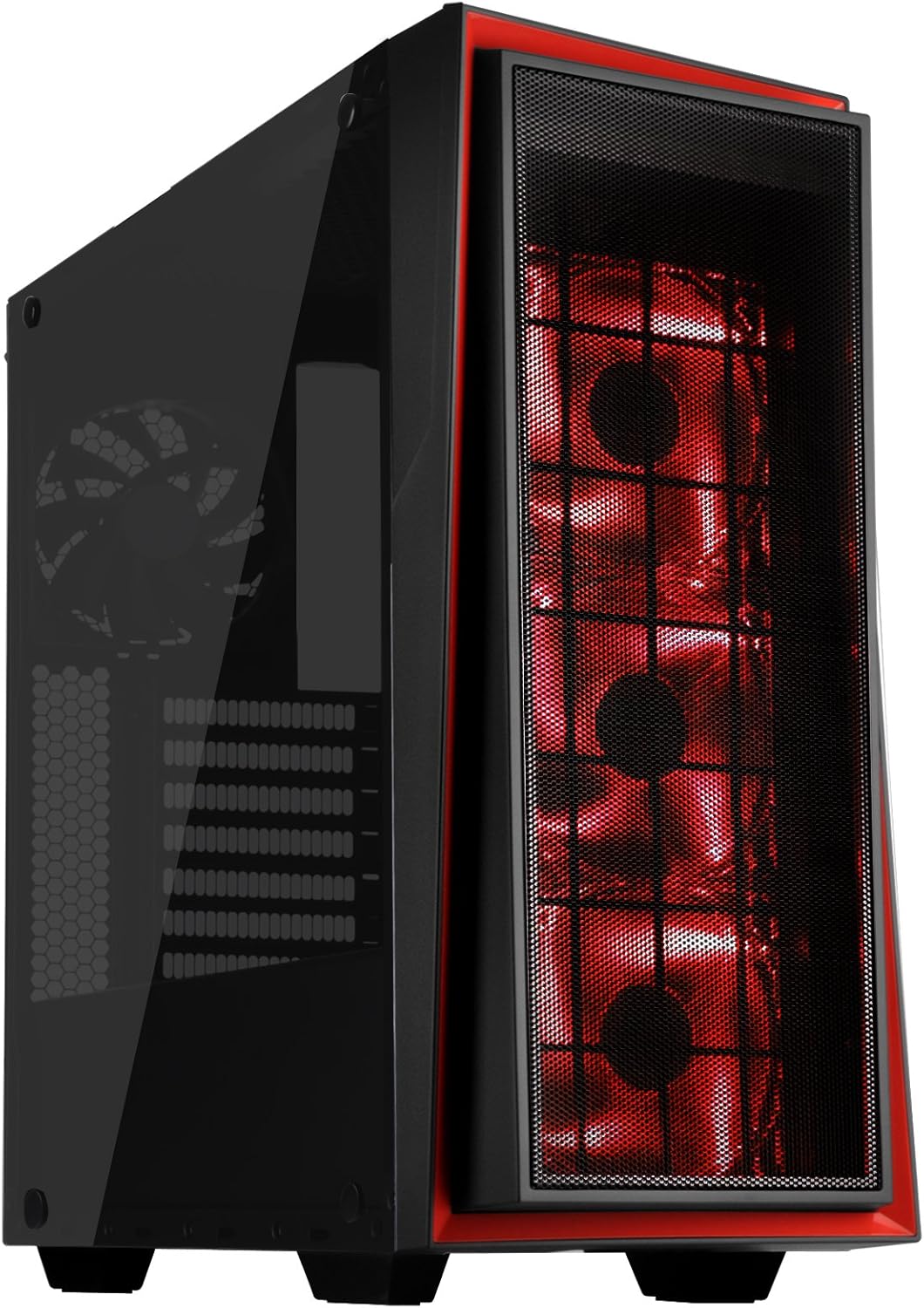 Black and Red ATX Tower Computer Case with Three 120mm Red LED Intake Fans and Side Panel Window V380