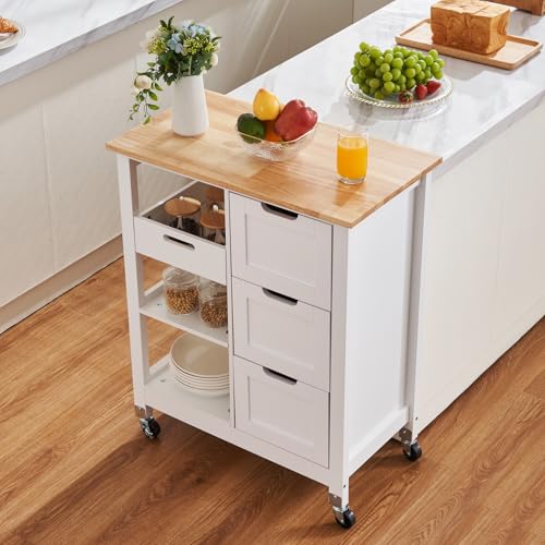 White 26 inch Wood Top Mobile Kitchen Island Cart with 3 Drawers and Shelves N780