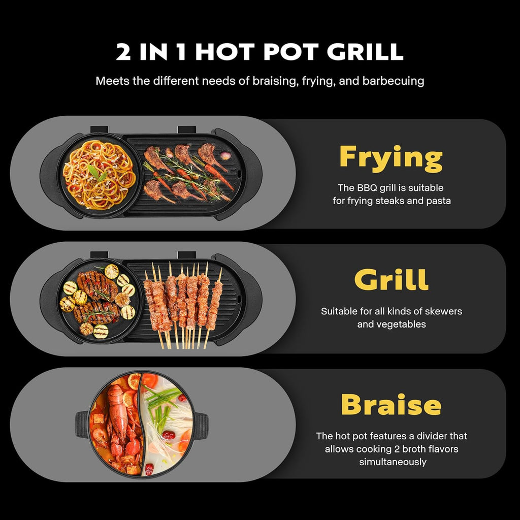 2200W Electric Hot Pot with Grill, Removable Non-stick Shabu-shabu Pot with Baking Pan, Separate Temperature Control 2-IN-1 Hotpot BBQ Y67395