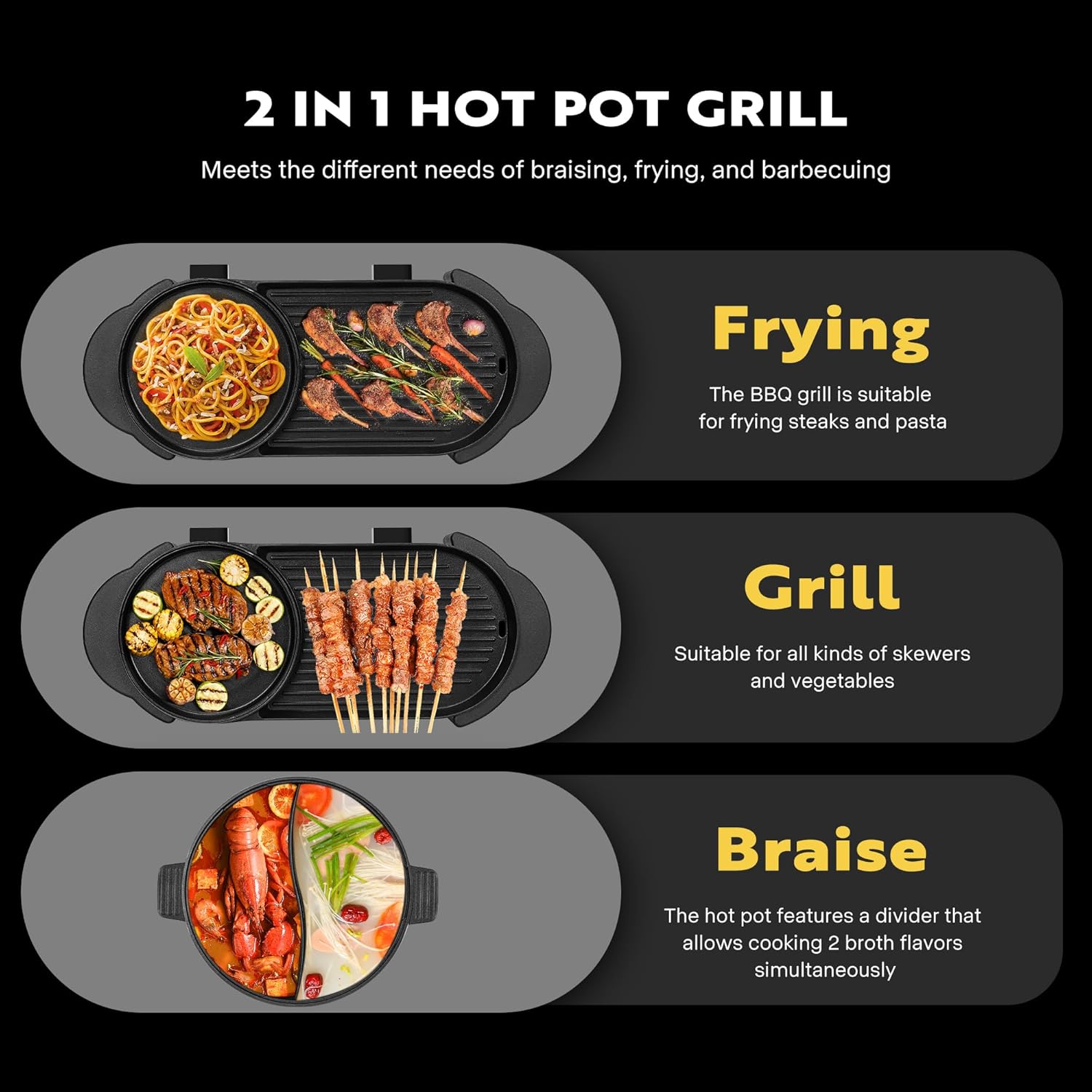 2200W Electric Hot Pot with Grill, Removable Non-stick Shabu-shabu Pot with Baking Pan, Separate Temperature Control 2-IN-1 Hotpot BBQ Y67395