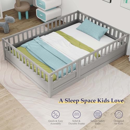 Full-White Wood Kids Floor Bed with Safety Guardrails J4932