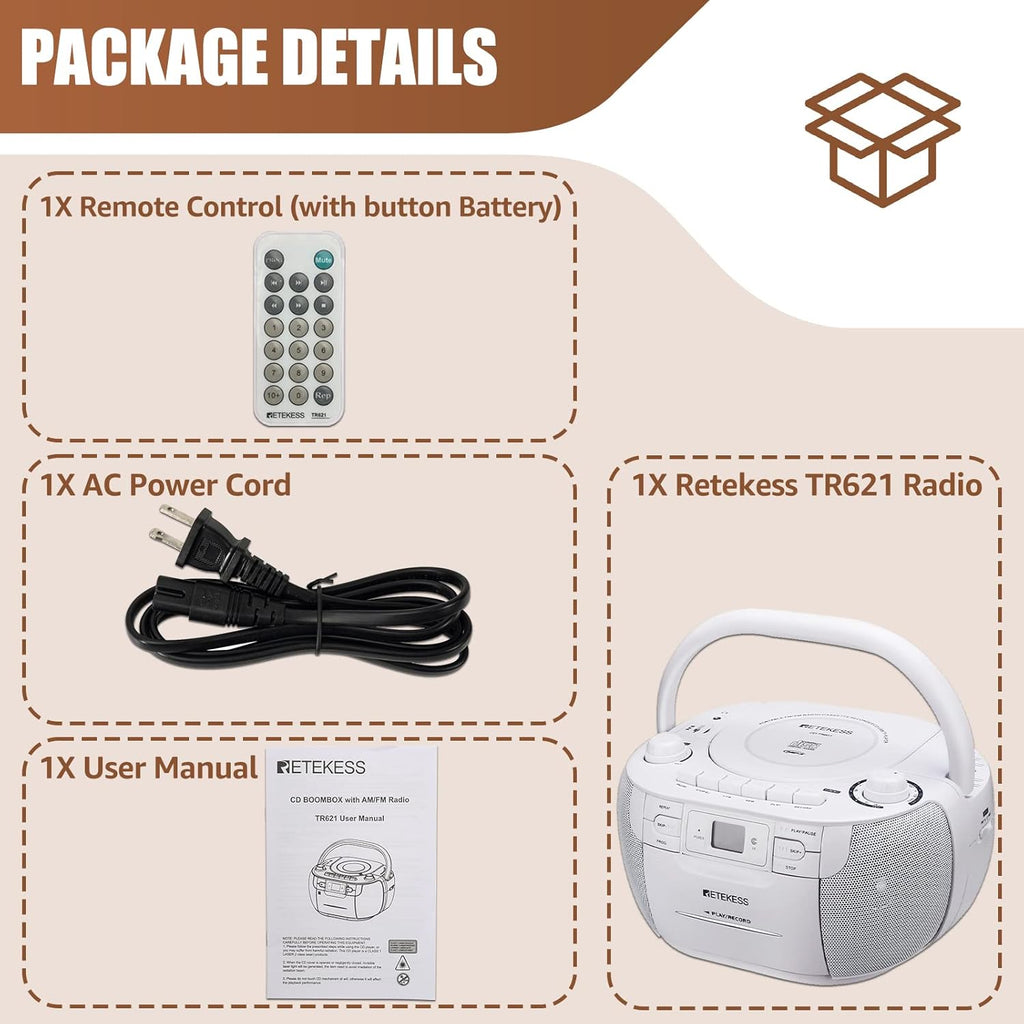 White Portable CD and Cassette Player Boombox with AM FM Radio C1810