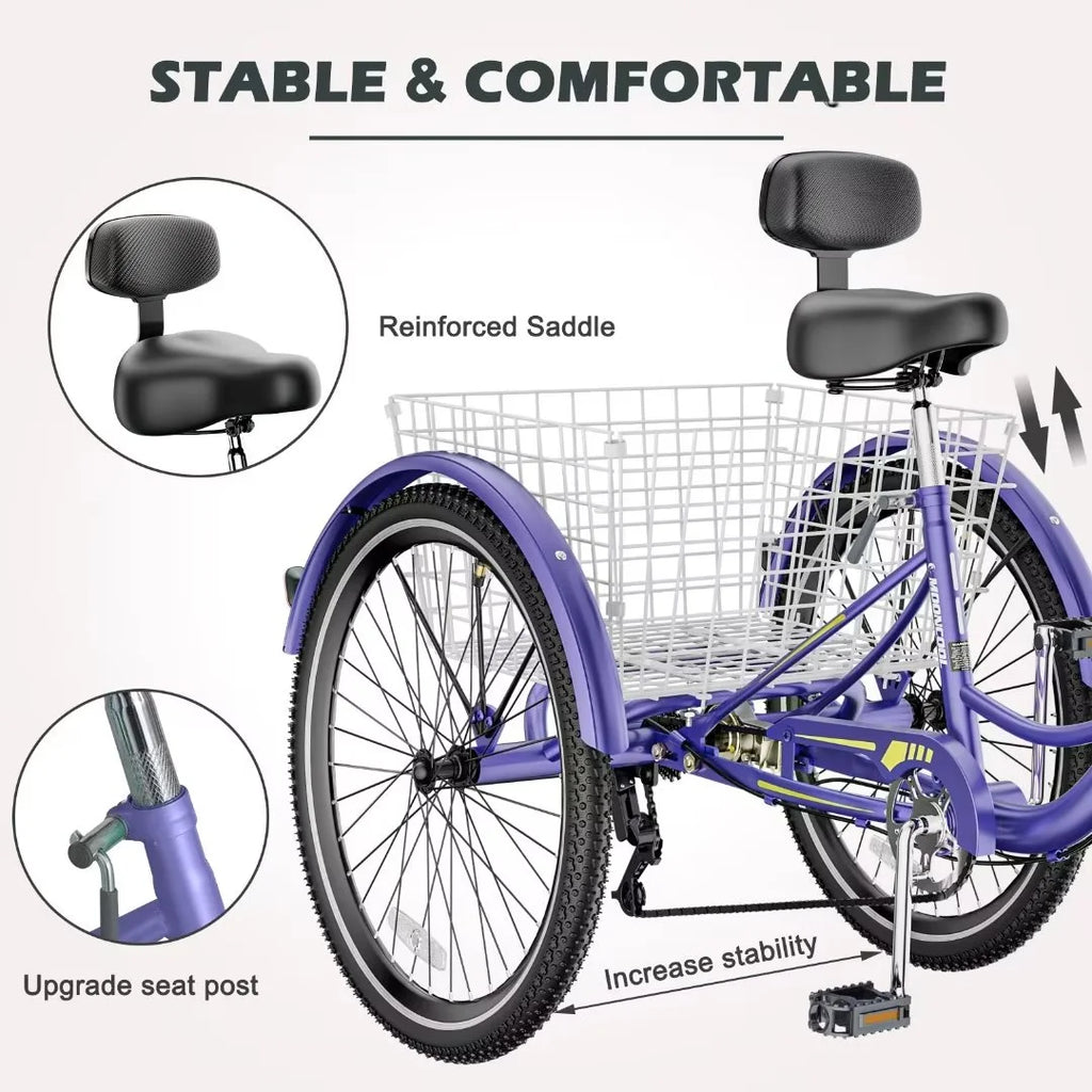 24"/26" Adult Tricycle Bike, 7 Speed 3-Wheel Bicycle, with Backrest & Shopping Basket L45425