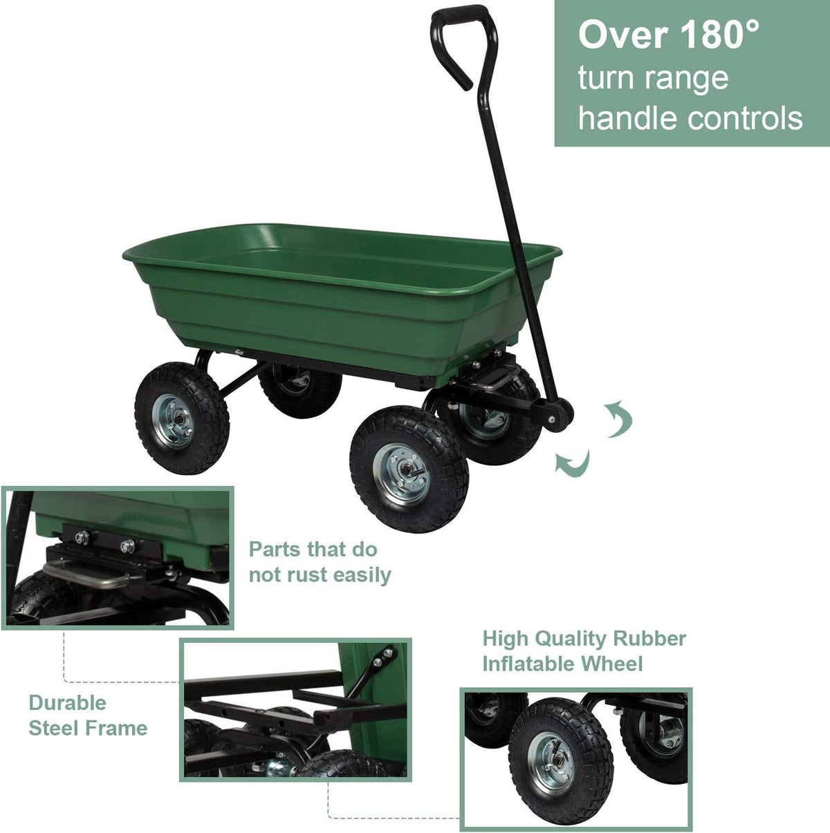 Green Steel Frame Utility Wagon with Pneumatic Tires 600-Pound Capacity C2541