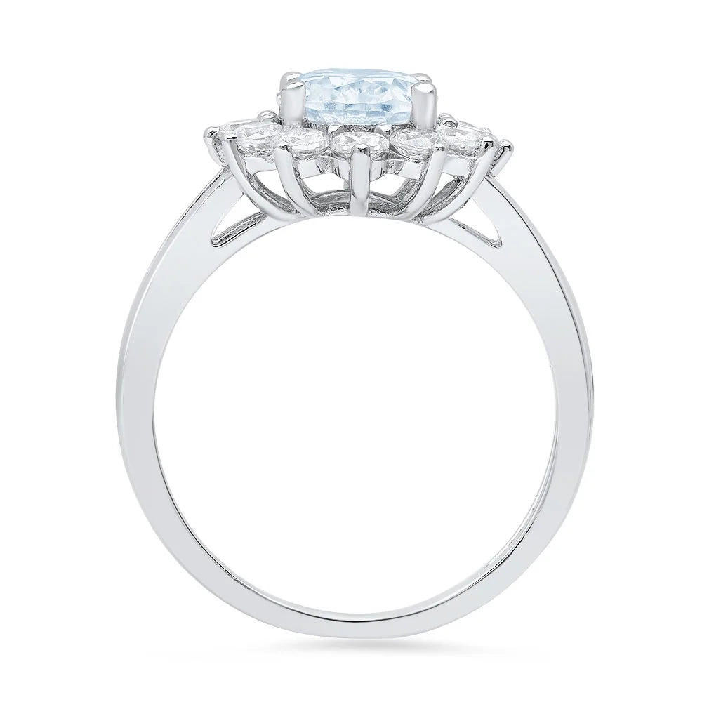 Oval Cut Natural Swiss Blue Topaz 18k White Gold Halo Ring V727