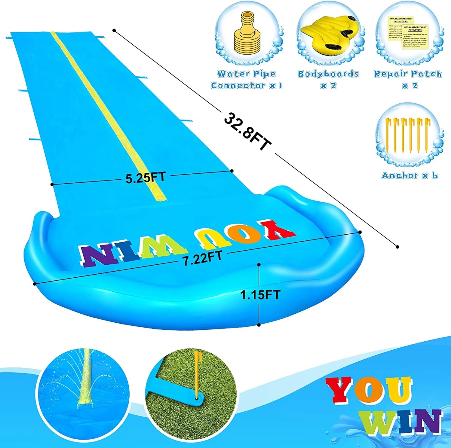 32.8ft x 83in Inflatable Water Slide with 2 Racing Lanes and 2 Body Boards E8683