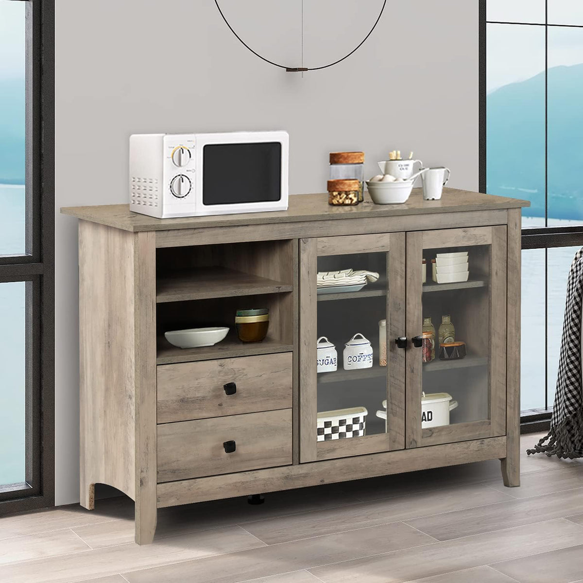 Grey Wood Grain Buffet Sideboard with Glass Door and Drawers D921