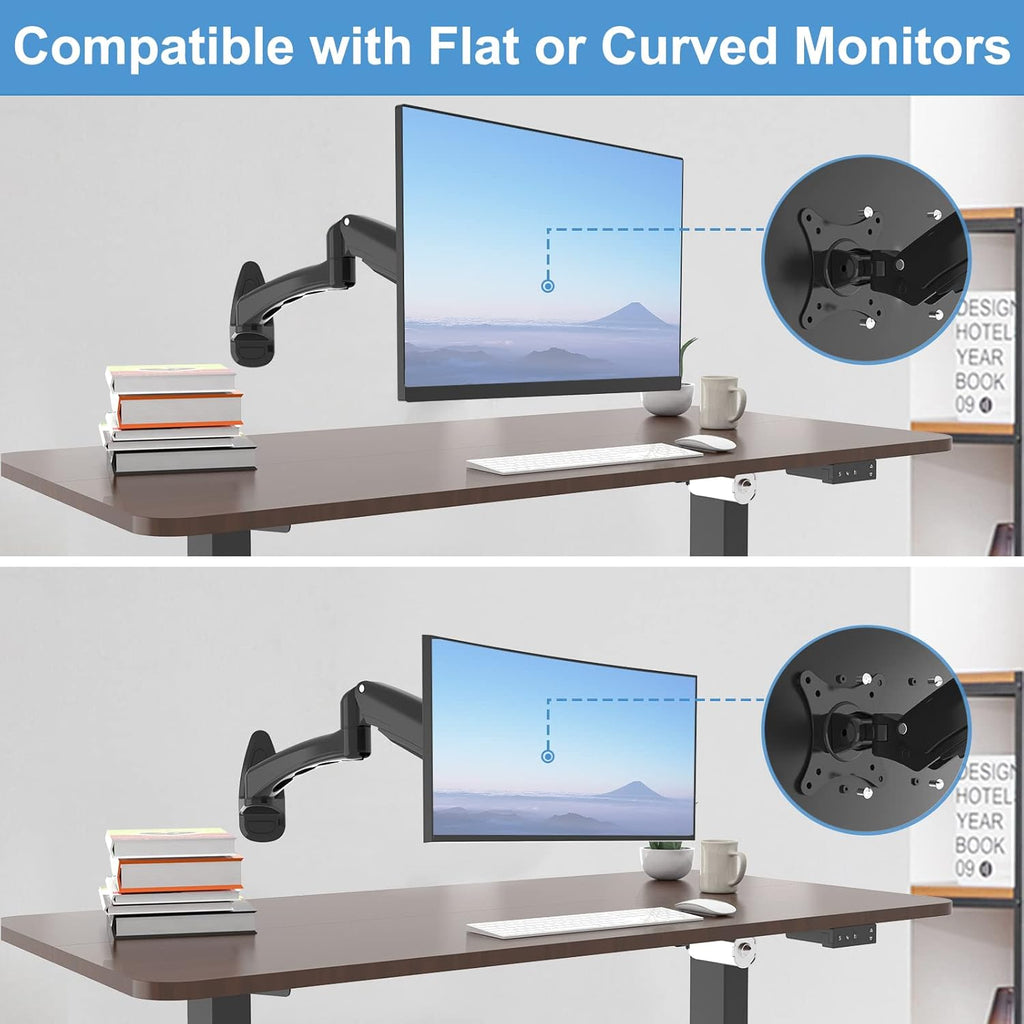 Single Wall Monitor Mount, Full Range Motion Wall Mounted Monitor Arm, Fully Adjustable PC Computer Wall Mount with Extendable Arm Fits up to 27" 13.2lbs Screens Max VESA Size 100x100mm Pack of 2 Y5075