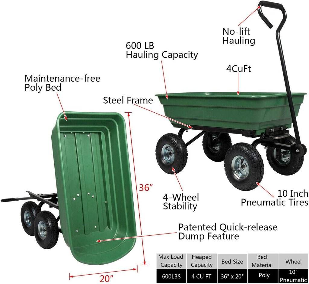 Green Steel Frame Utility Wagon with Pneumatic Tires 600-Pound Capacity C2541