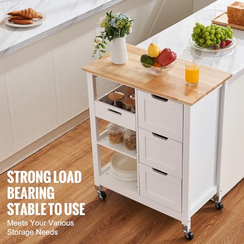 White 26 inch Wood Top Mobile Kitchen Island Cart with 3 Drawers and Shelves N780