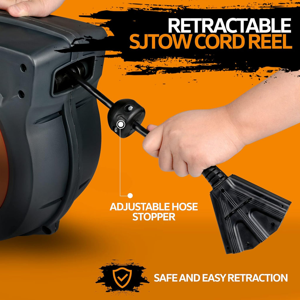 Retractable Extension Cord Reel 16AWG x 50' Feet Industrial Polypropylene Ultra Heavy Duty 3C SJTOW Commercial Ultra Flexible Cable Triple Tap Connector O318039