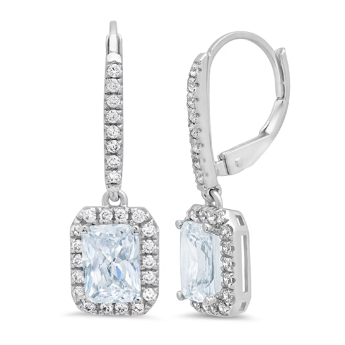 Emerald Cut Halo Drop Dangle Earrings Lever Back U7364