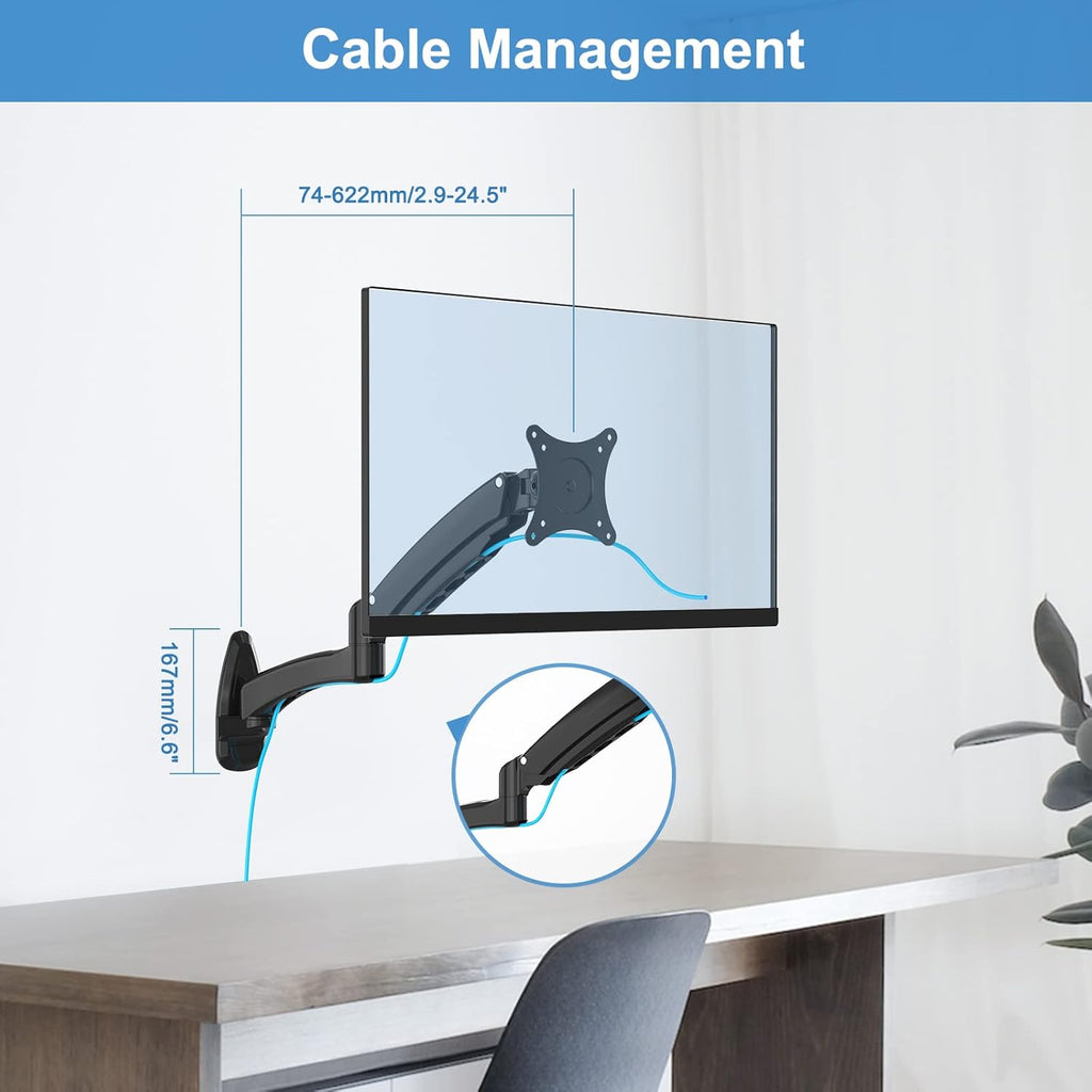 Single Wall Monitor Mount, Full Range Motion Wall Mounted Monitor Arm, Fully Adjustable PC Computer Wall Mount with Extendable Arm Fits up to 27" 13.2lbs Screens Max VESA Size 100x100mm Pack of 2 Y5075