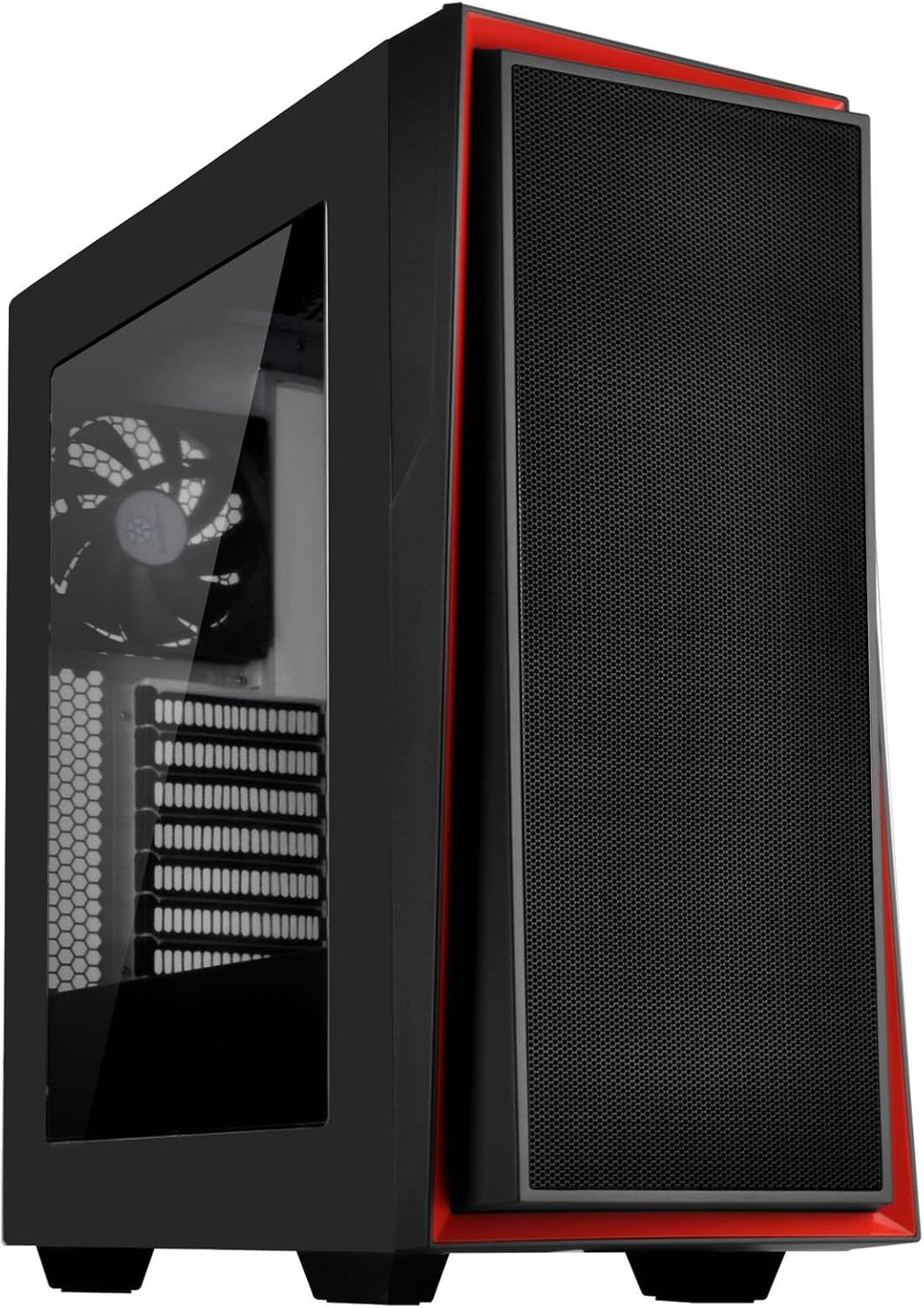 Black and Red ATX Tower Computer Case with Three 120mm Red LED Intake Fans and Side Panel Window V380