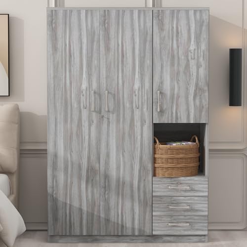 Grey 3 Door Wooden Wardrobe Closet with Drawers and Hanging Rail B496