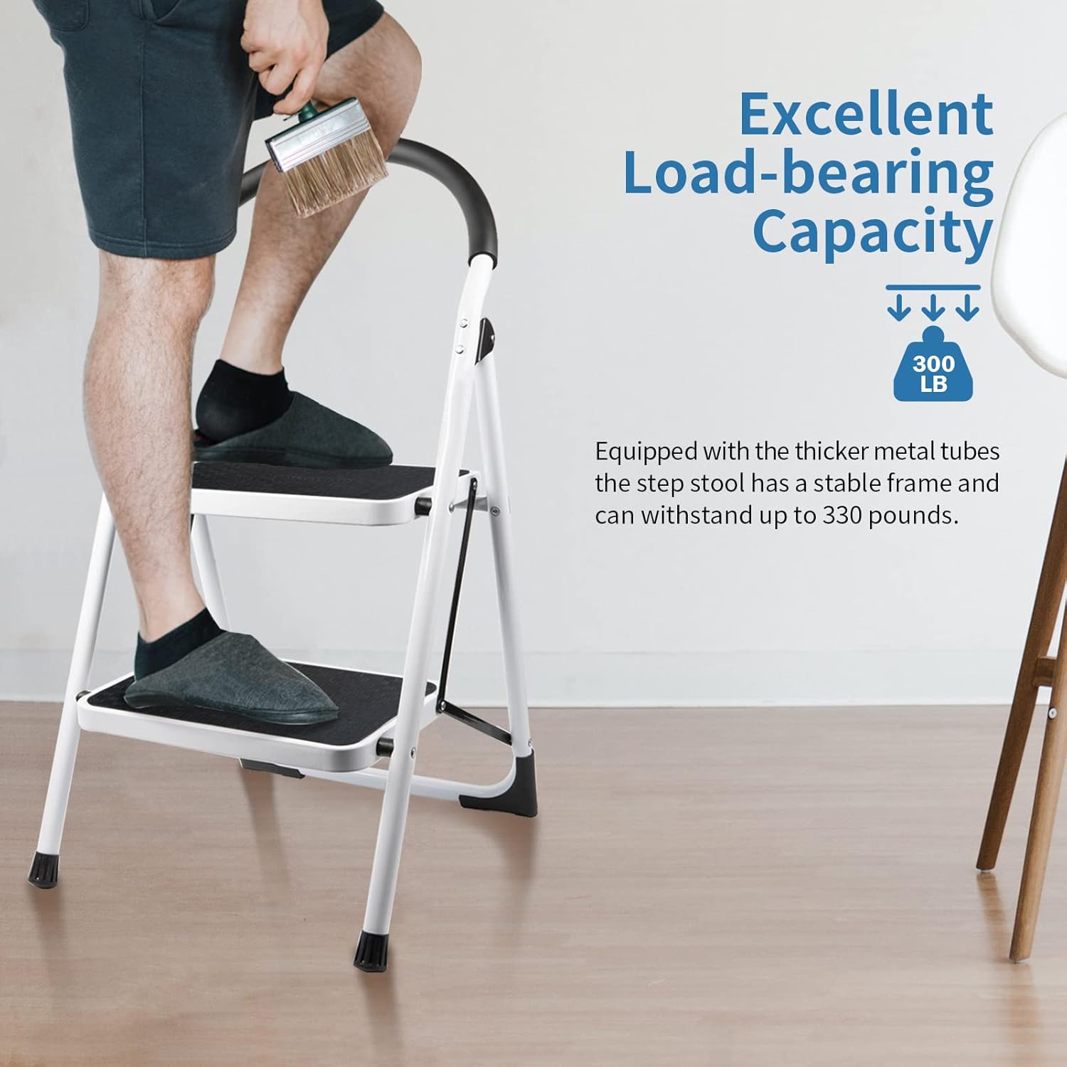 2 Step Folding Ladder with Arc-Shaped Handrail Metal Anti-Slip Base Wide Pedal Lightweight 330 LB Capacity Pack of 2 E7396