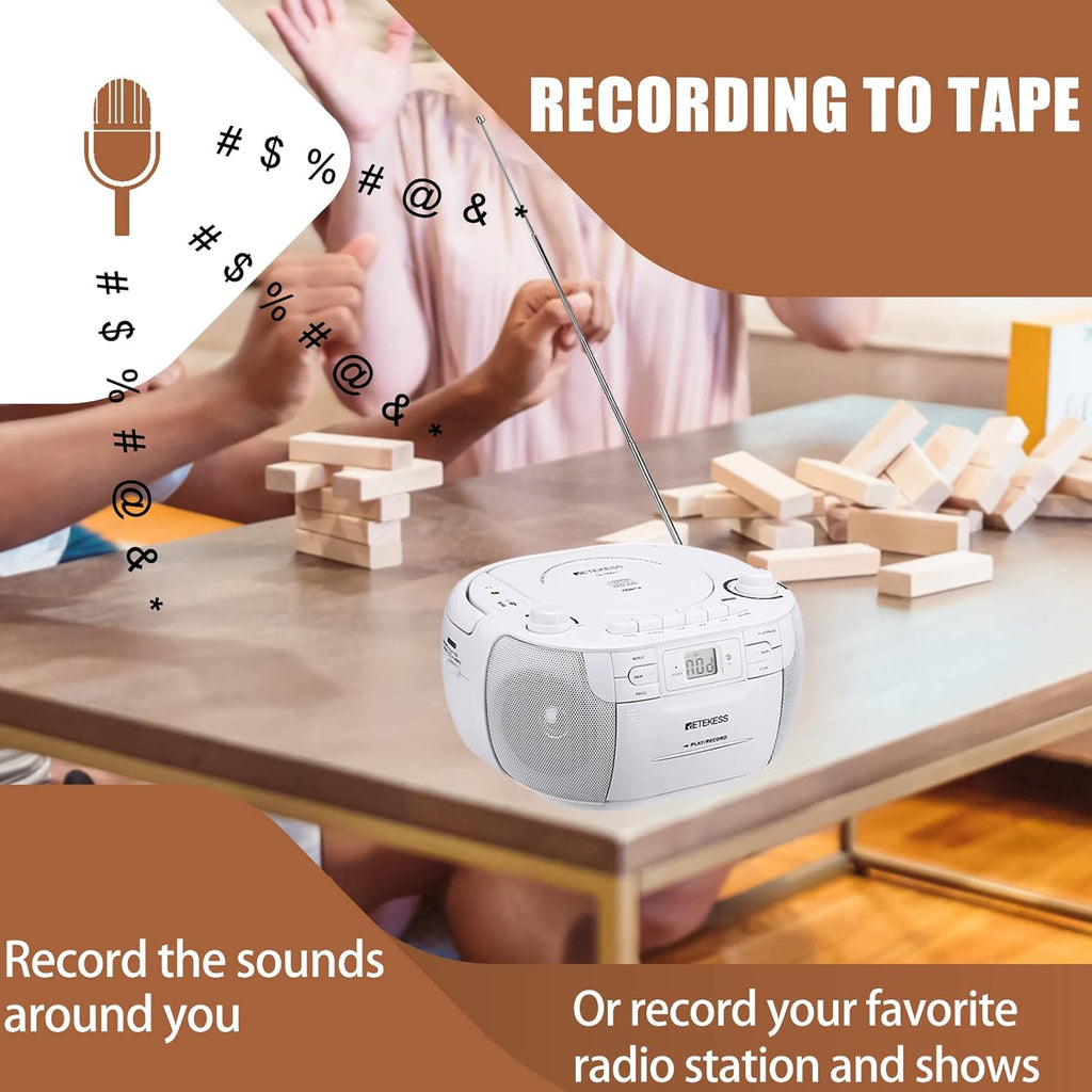White Portable CD and Cassette Player Boombox with AM FM Radio C1810