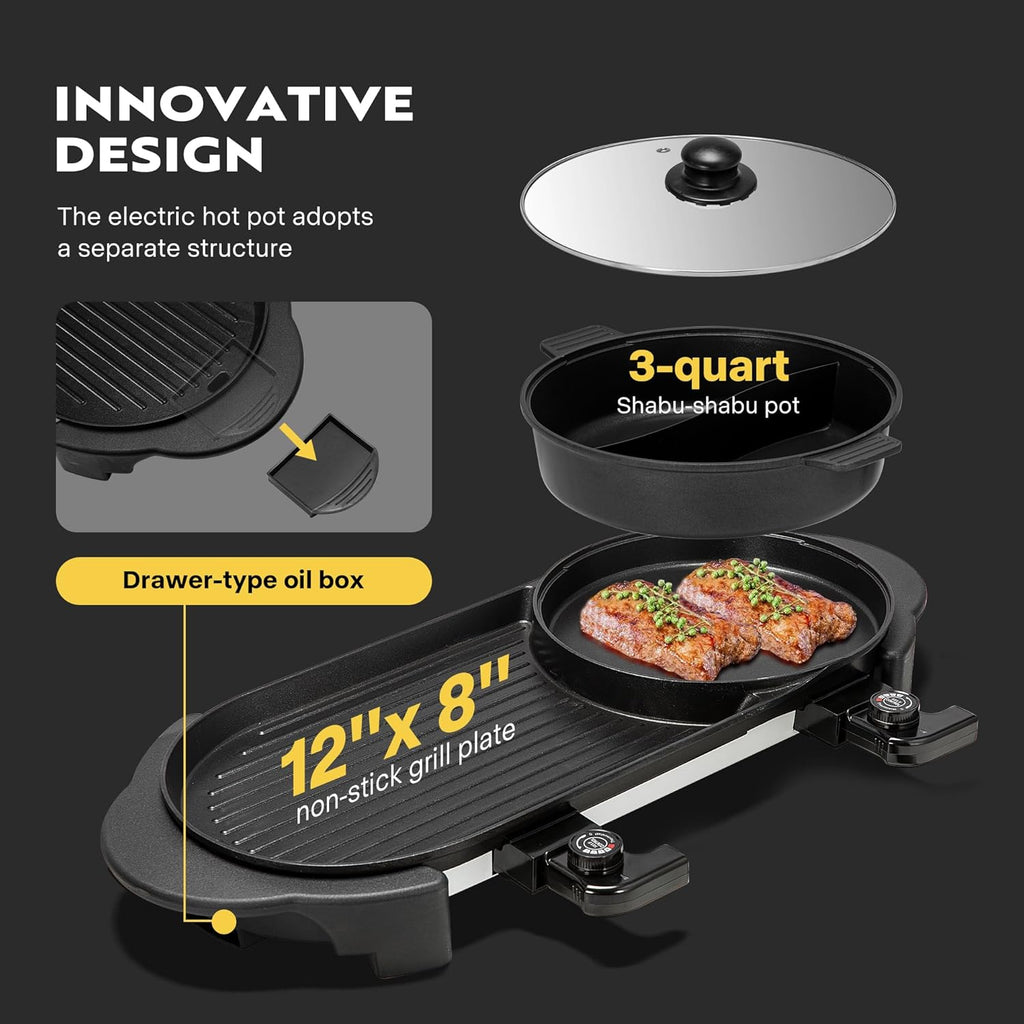 2200W Electric Hot Pot with Grill, Removable Non-stick Shabu-shabu Pot with Baking Pan, Separate Temperature Control 2-IN-1 Hotpot BBQ Y67395