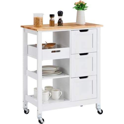 White 26 inch Wood Top Mobile Kitchen Island Cart with 3 Drawers and Shelves N780