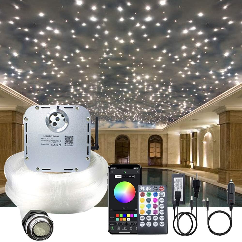32W RGBW Twinkle Fiber Optic Lights Kit with 800pcs 16.4ft/5m Mixed Dia. Optical Fiber Cable and Crystals W4519