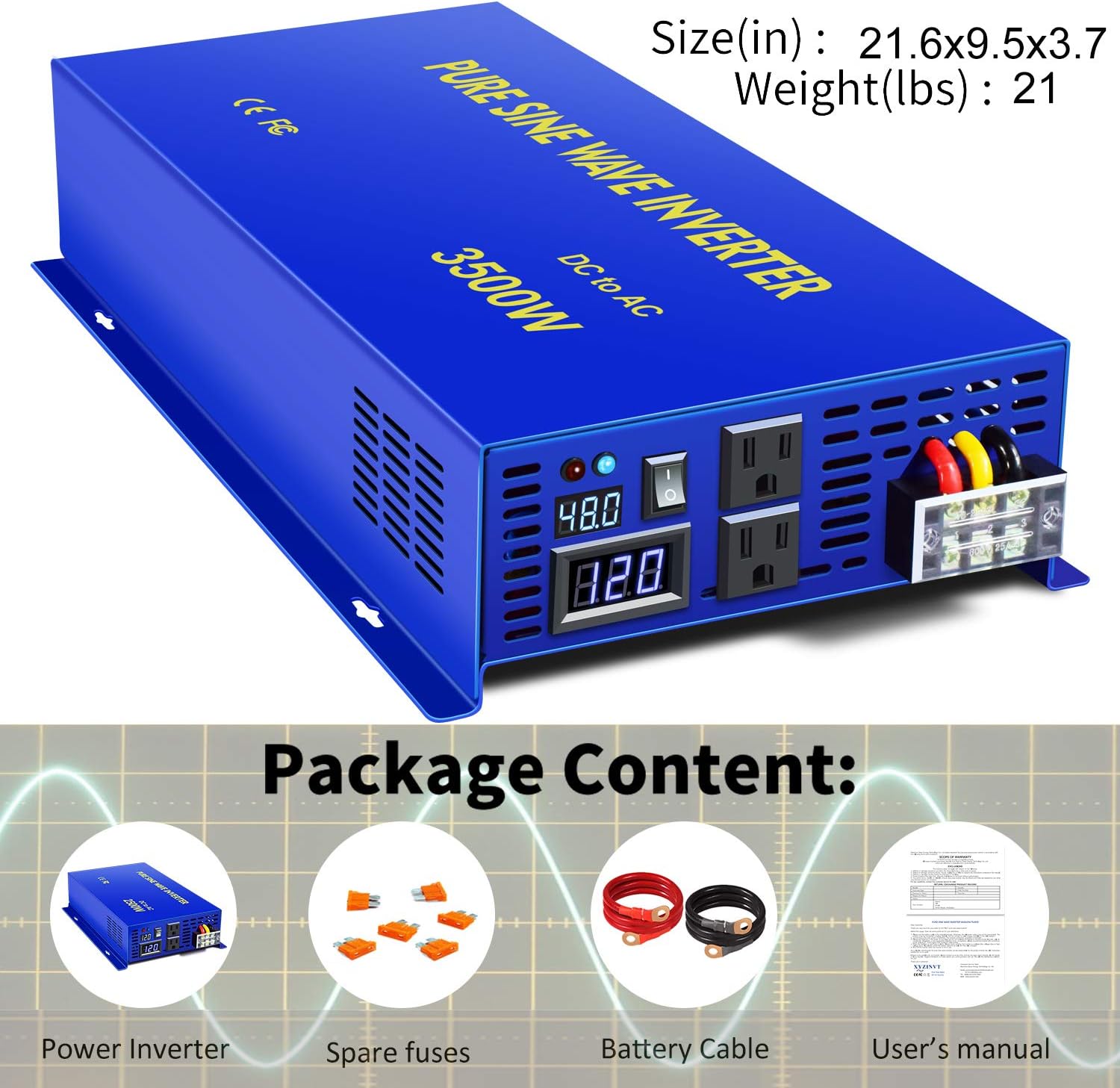 Pure Sine Wave Inverter 3500W 48V to 110V 120V AC with LED Display 2 AC Outlets Y6662