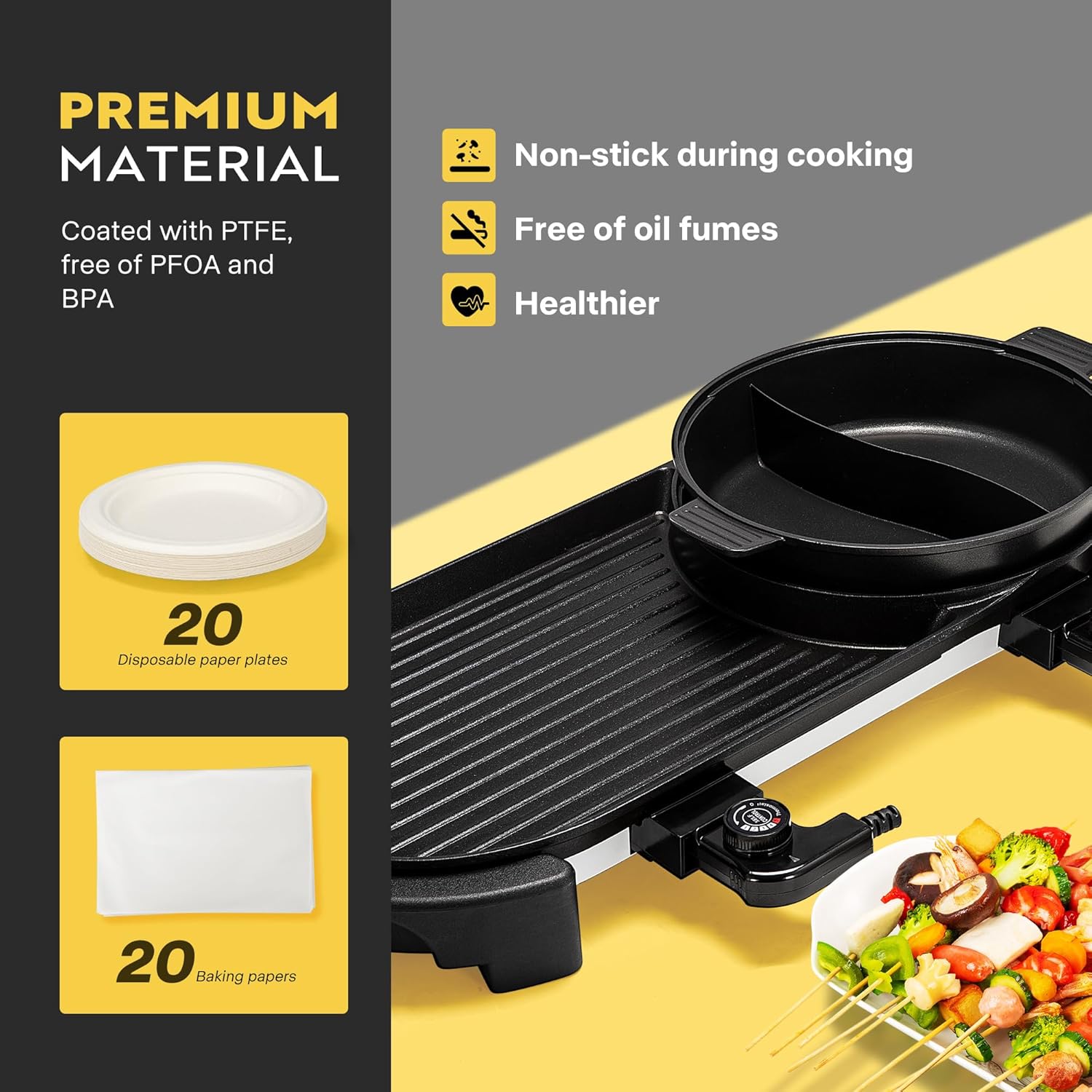 2200W Electric Hot Pot with Grill, Removable Non-stick Shabu-shabu Pot with Baking Pan, Separate Temperature Control 2-IN-1 Hotpot BBQ Y67395